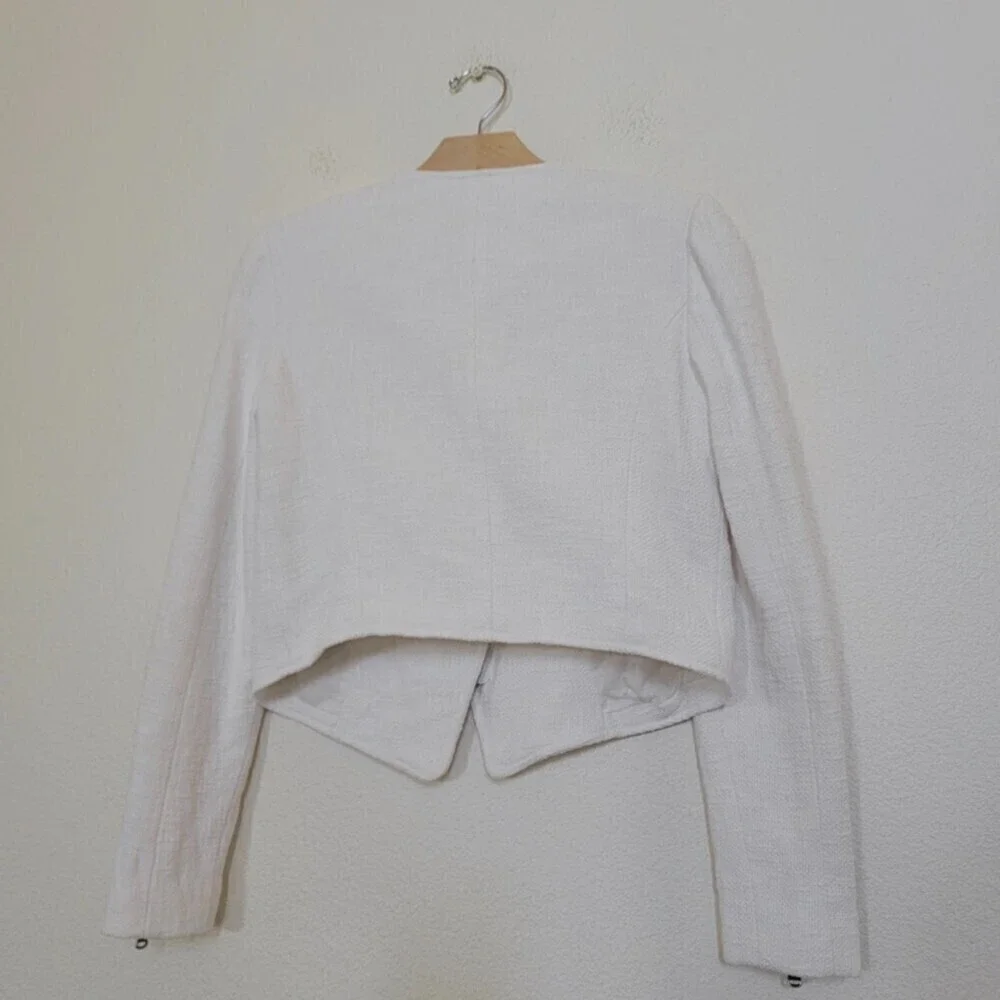 TIBI NY 100% Cotton Cropped Asymmetrical Knit Moto Jacket White 6 Quirt Luxury